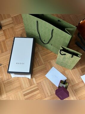 Gucci box 12.5”x4.5”x8”, jewelry box, bags one 18”x14”x6.5”, tissue paper, tags